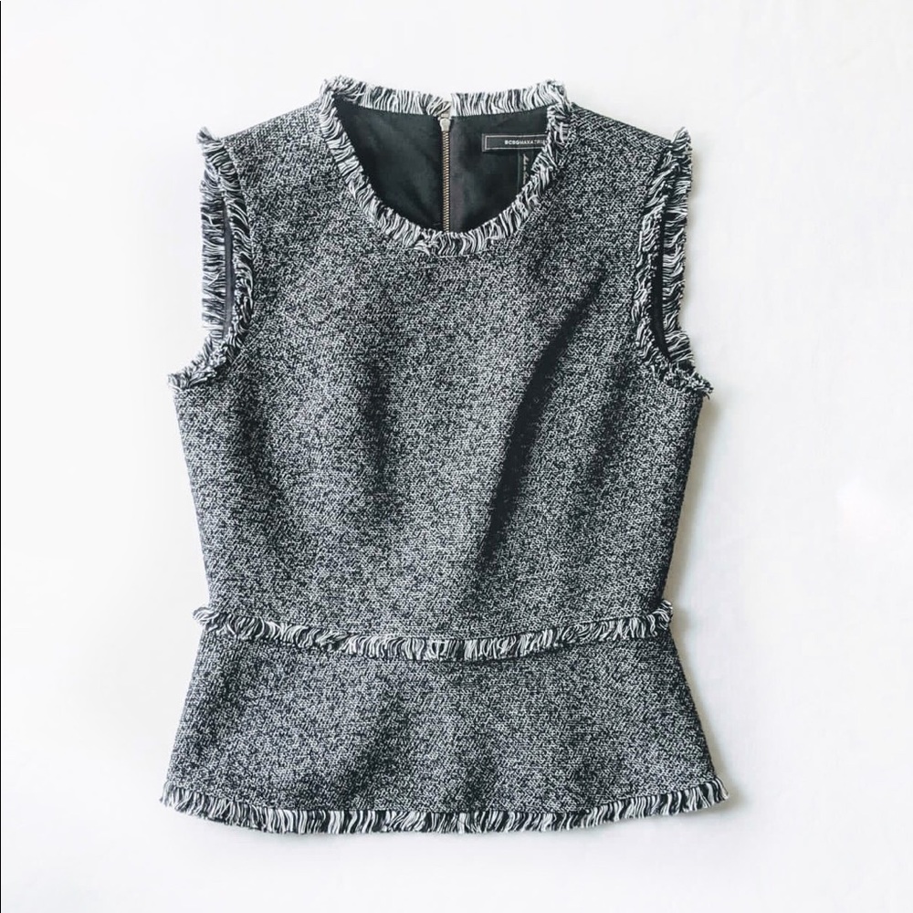 BCBG MAXAZRIA Peplum Frayed Vest